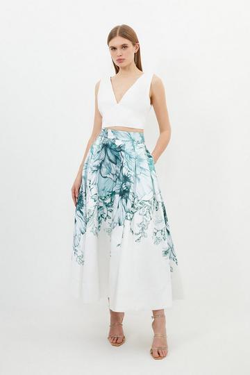 Placed Floral Twill Full Midi Skirt sage