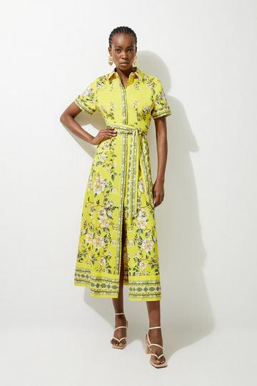 Cotton Sateen Floral Placed Print Woven Midi Shirt Dress chartreuse