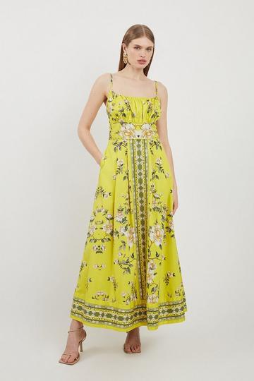Cotton Sateen Floral Placed Print Woven Strappy Midi Dress chartreuse