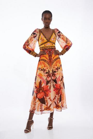 Placed Floral Embroidered And Beaded Woven Midi Dress orange