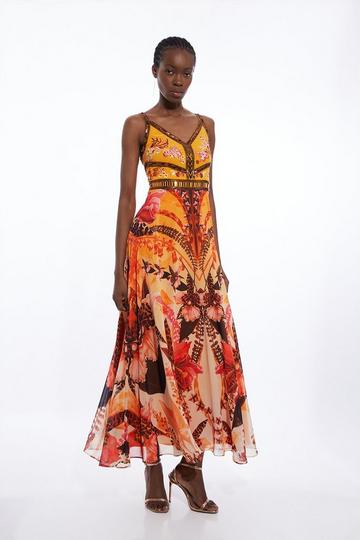 Orange Placed Floral And Embroidered Strapp Woven Midi Dress