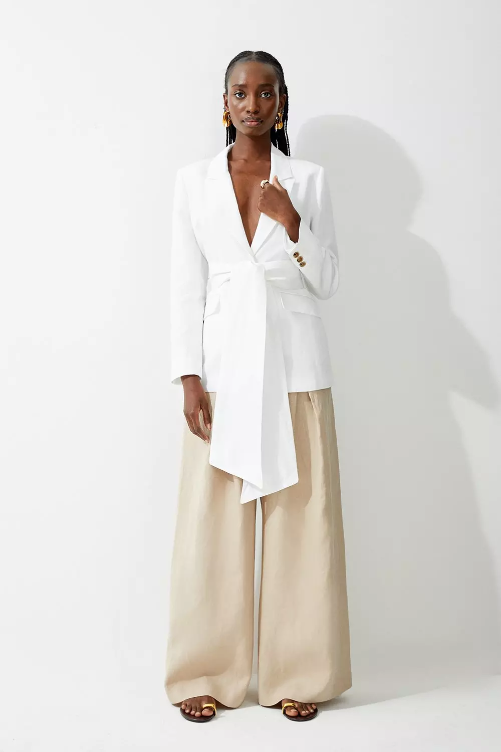 Tall Fluid Tailored Linen Tie Waist Longline Blazer