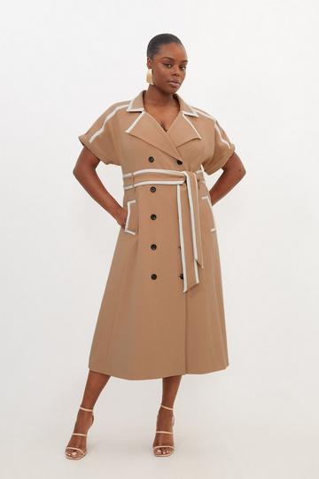 Plus Size Compact Stretch Tipping Detail Tailored Midi Dress camel