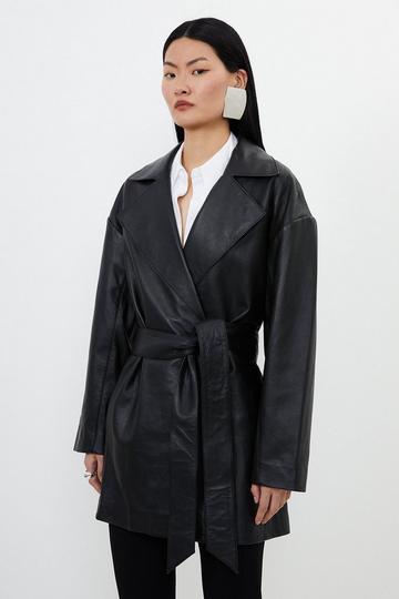Leather Relaxed Fit Tailored Belted Coat black