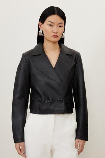 Black Leather Tab Detail Double Breasted Cropped Blazer