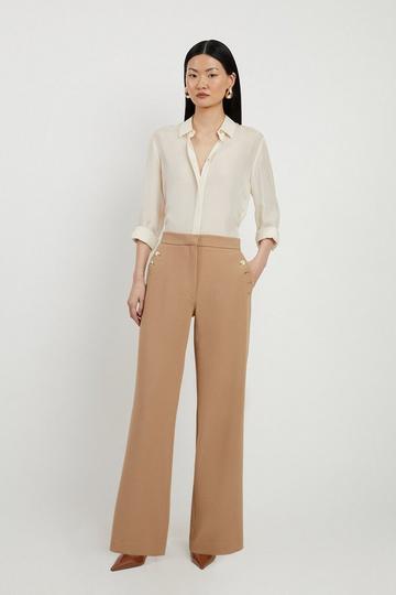 Camel Beige Compact Stretch Tailored Button Detail Wide Leg Trousers