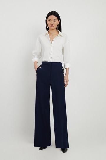 Navy Compact Stretch Tailored Button Detail Wide Leg Trousers