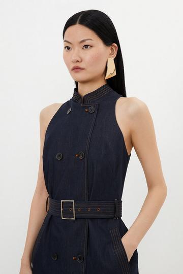 Blue Tailored Denim Double Breasted Belted Midi Dress