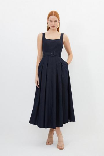Blue Tailored Denim Belted Full Skirted Tailored Midaxi Dress