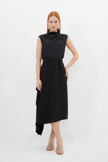 Soft Tailored Belted Draped Midi Skirt black