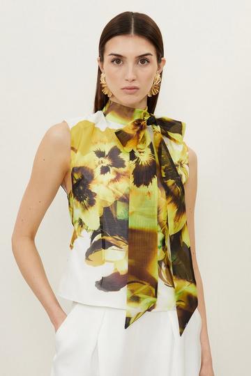 Photographic Floral Organdie Tie Neck Blouse yellow