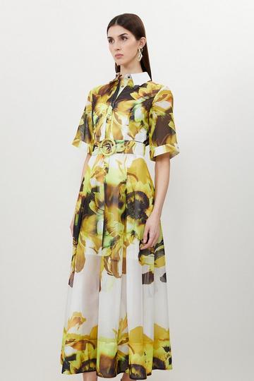 Yellow Petite Photographic Floral Organdie Midaxi Shirt Dress