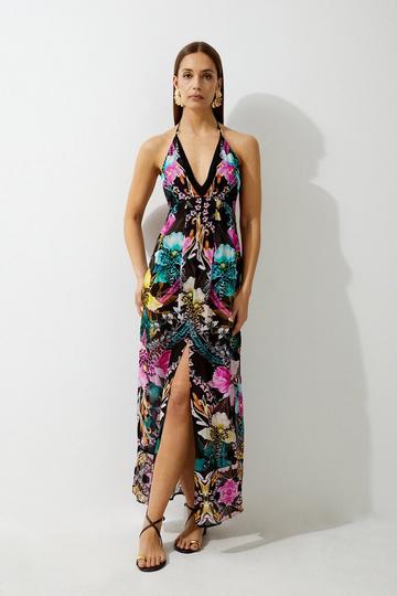 Mirrored Tropical Viscose Georgette Strappy Beach Dress multi