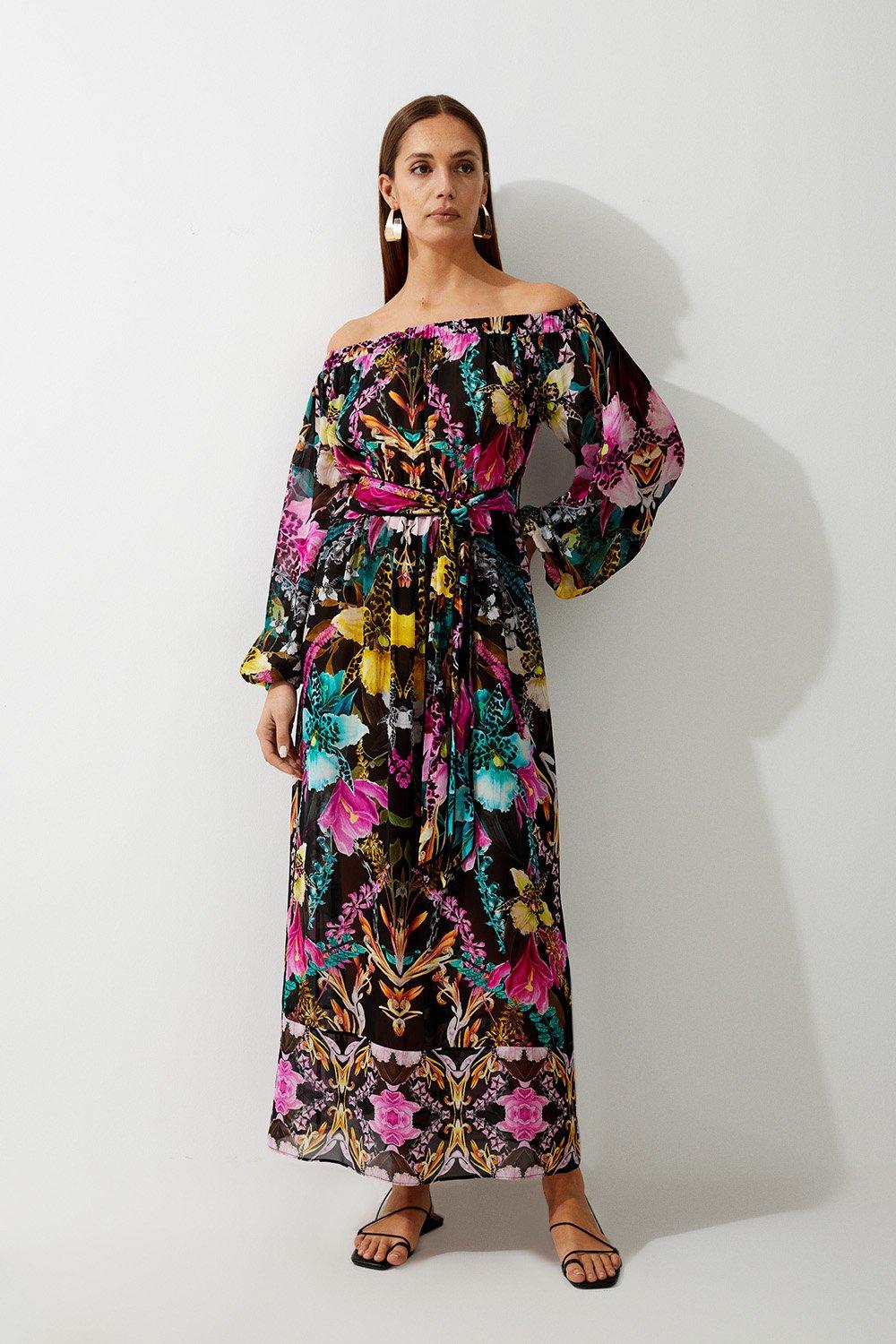 Mirrored Tropical Viscose Georgette Bardot Beach Maxi Dress