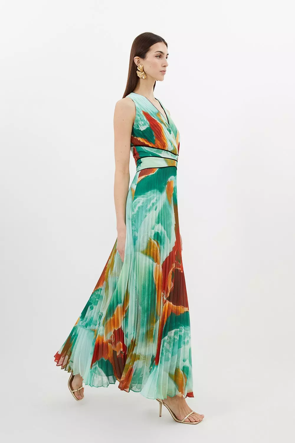 Abstract Printed Soft Pleated Plunge Maxi Dress