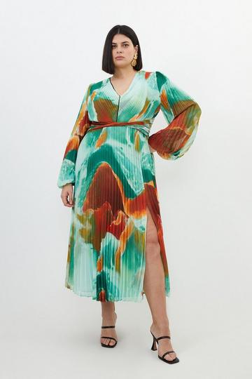 Plus Size Abstract Printed Soft Pleated Woven Maxi Dress multi