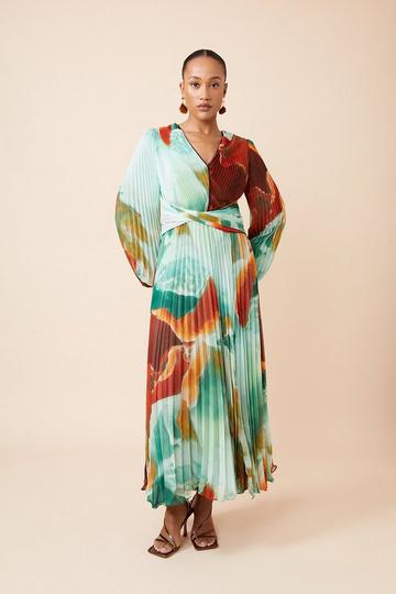 Abstract Printed Soft Pleated Woven Maxi Dress multi