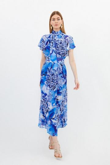 Blue Rose Georgette Pussy Bow Woven Midi Dress blue