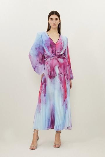 Pink Marble Printed Soft Pleated Woven Maxi Dress