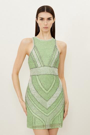 Green Premium Beading And Embellished Mini Dress