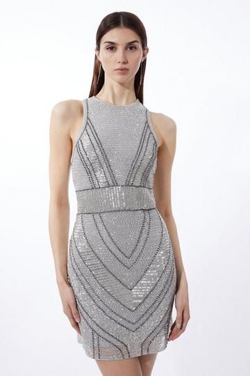 Premium Beading And Embellished Mini Dress silver