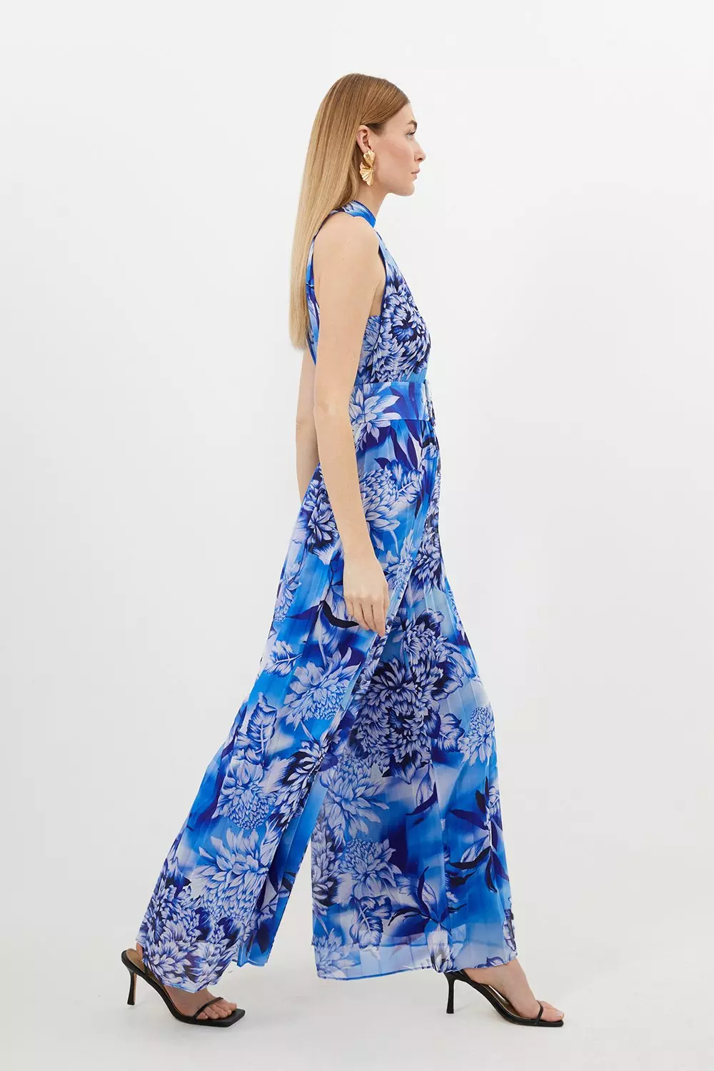 Petite Blue Floral Georgette Woven Halter Pleated Jumpsuit | Karen Millen