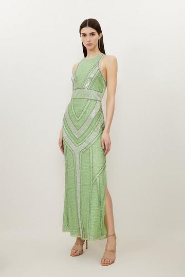Green Premium Beading And Embellished Woven Halterneck Maxi Dress