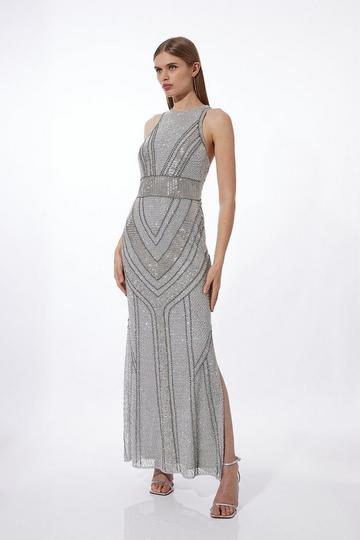 Silver Premium Beading And Embellished Woven Halterneck Maxi Dress