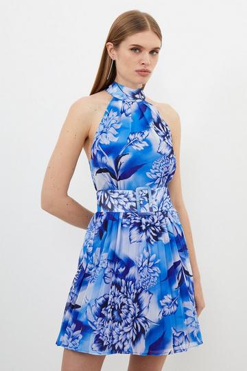 Blue Petite Blue Rose Print Pleated Mini Dress