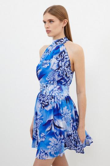 Blue Rose Print Pleated Mini Dress blue