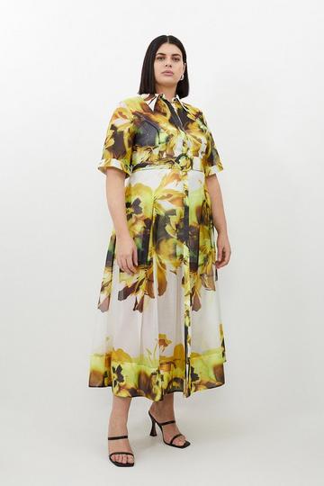 Plus Size Photographic Floral Organdie Midaxi Shirt Dress yellow