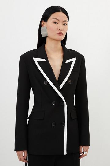 Compact Stretch Contrast Tipped Tailored Double Breasted Blazer black