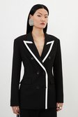 Black Compact Stretch Contrast Tipped Tailored Double Breasted Blazer