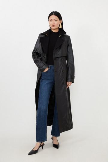 Leather And Wool Mix Belted Trench Coat black
