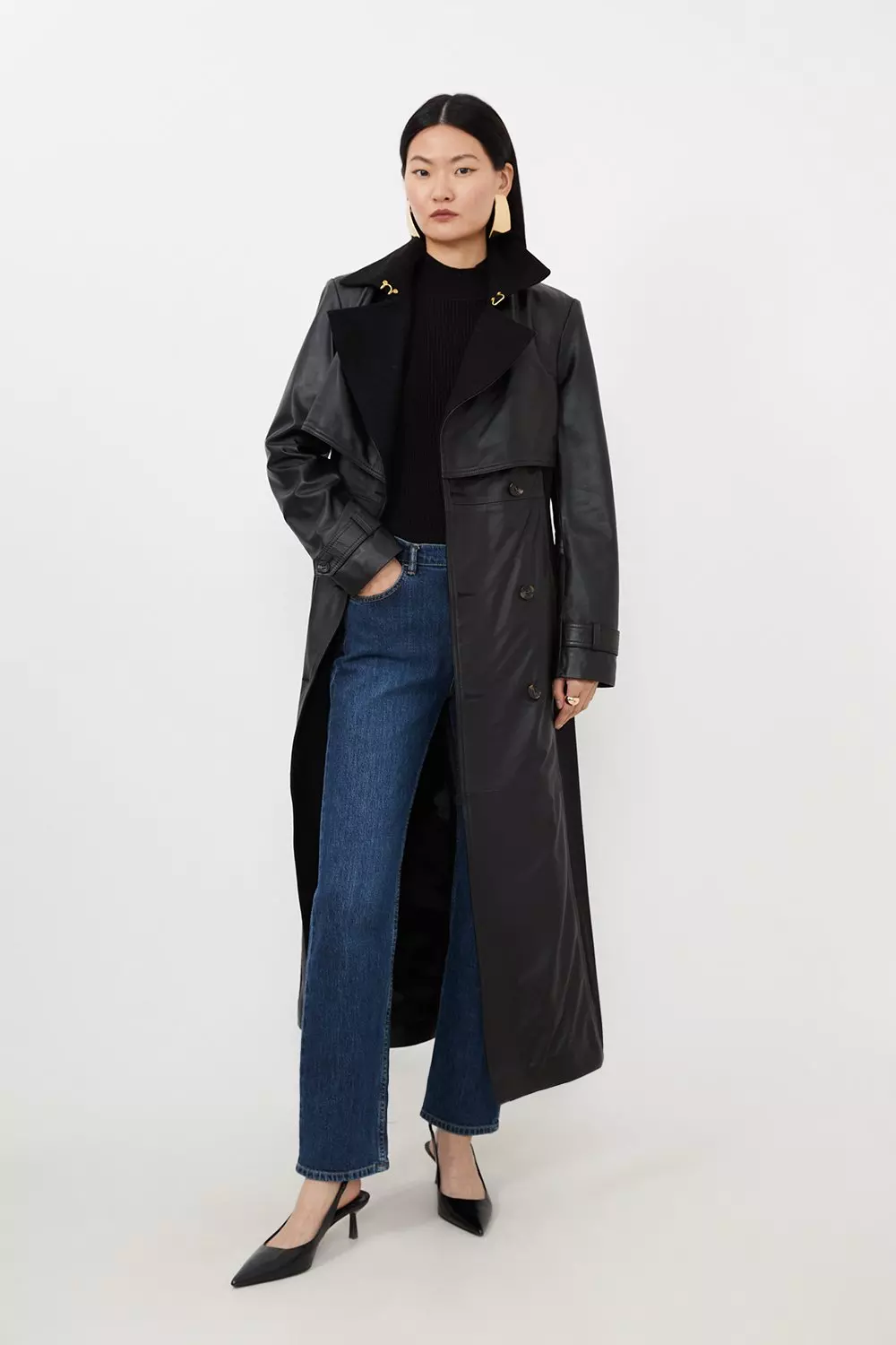 Leather And Wool Mix Belted Trench Coat