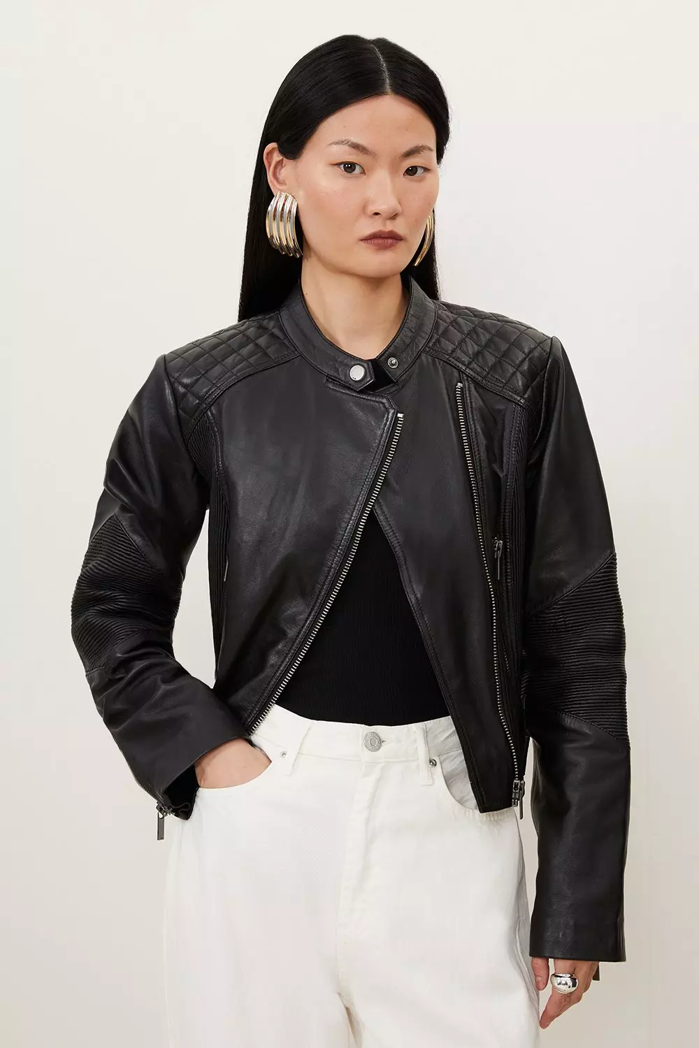 Karen millen black leather hot sale jacket