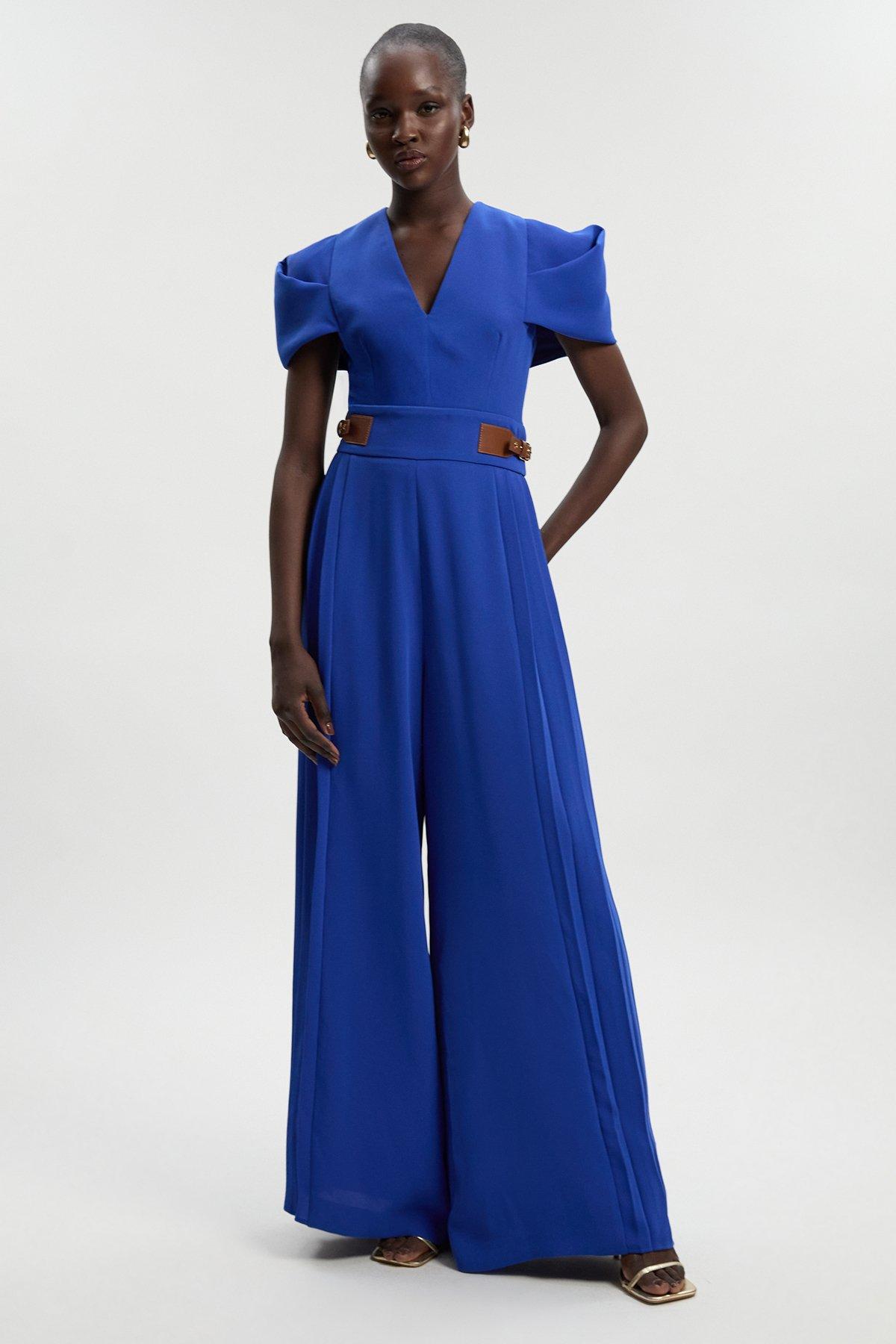Soft Tailored Crepe Tab Detail Pleated Jumpsuit - Blue