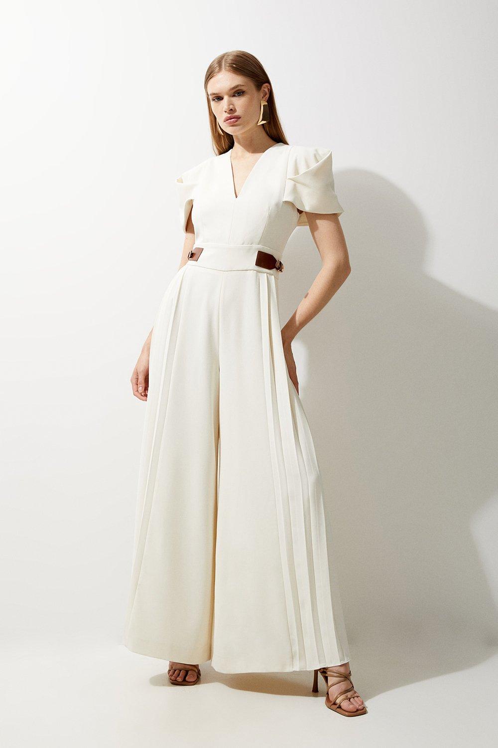 Soft Tailored Crepe Tab Detail Pleated Jumpsuit - Ivory