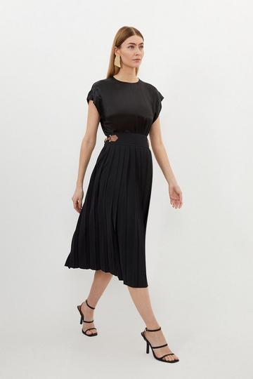 Black Soft Tailored Crepe Tab Detail Pleated Midi Skirt