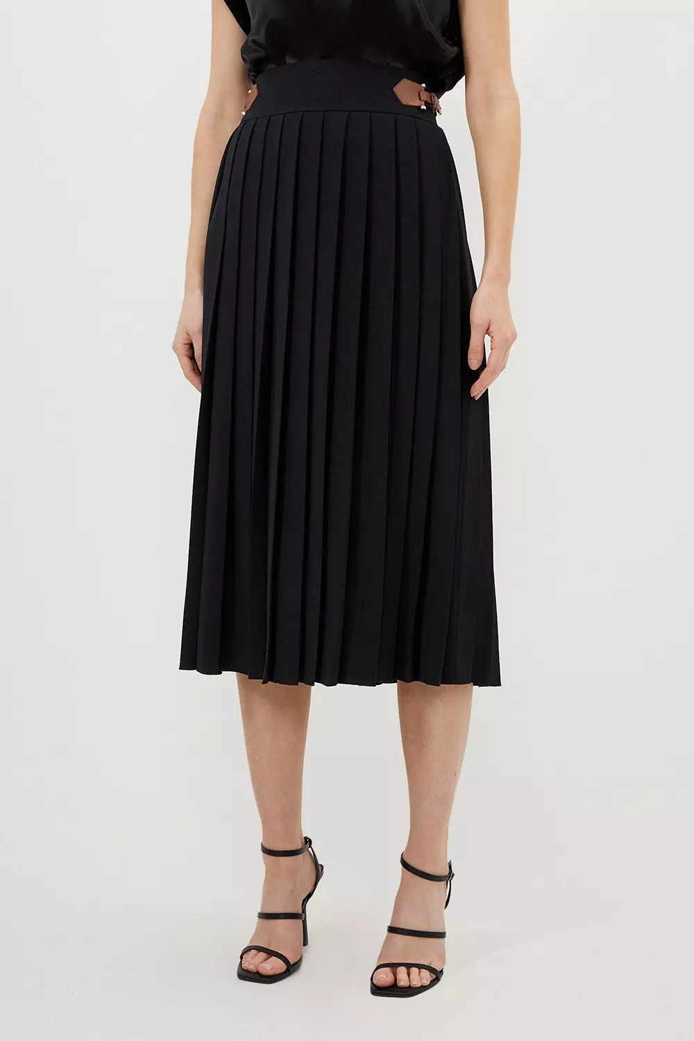 Black crepe pleated midi skirt sale