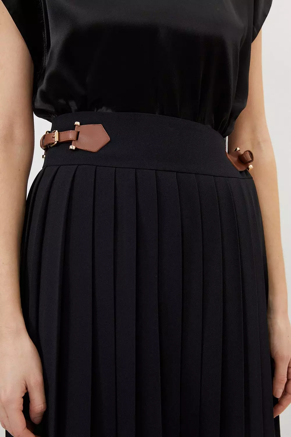 Belted Pleated Midi Skirt