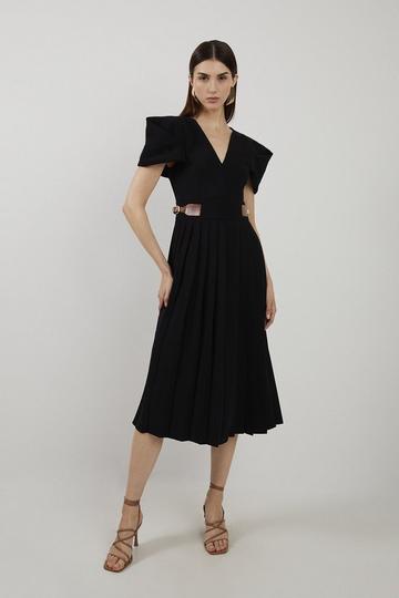 Black Soft Tailored Crepe Tab Detail Pleated Midi Dress