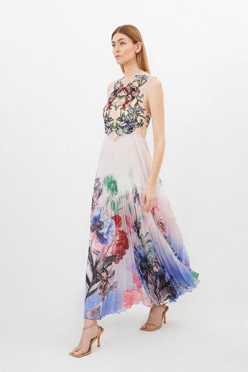 Guipure Lace Pleat Border Print Woven Maxi Dress ivory