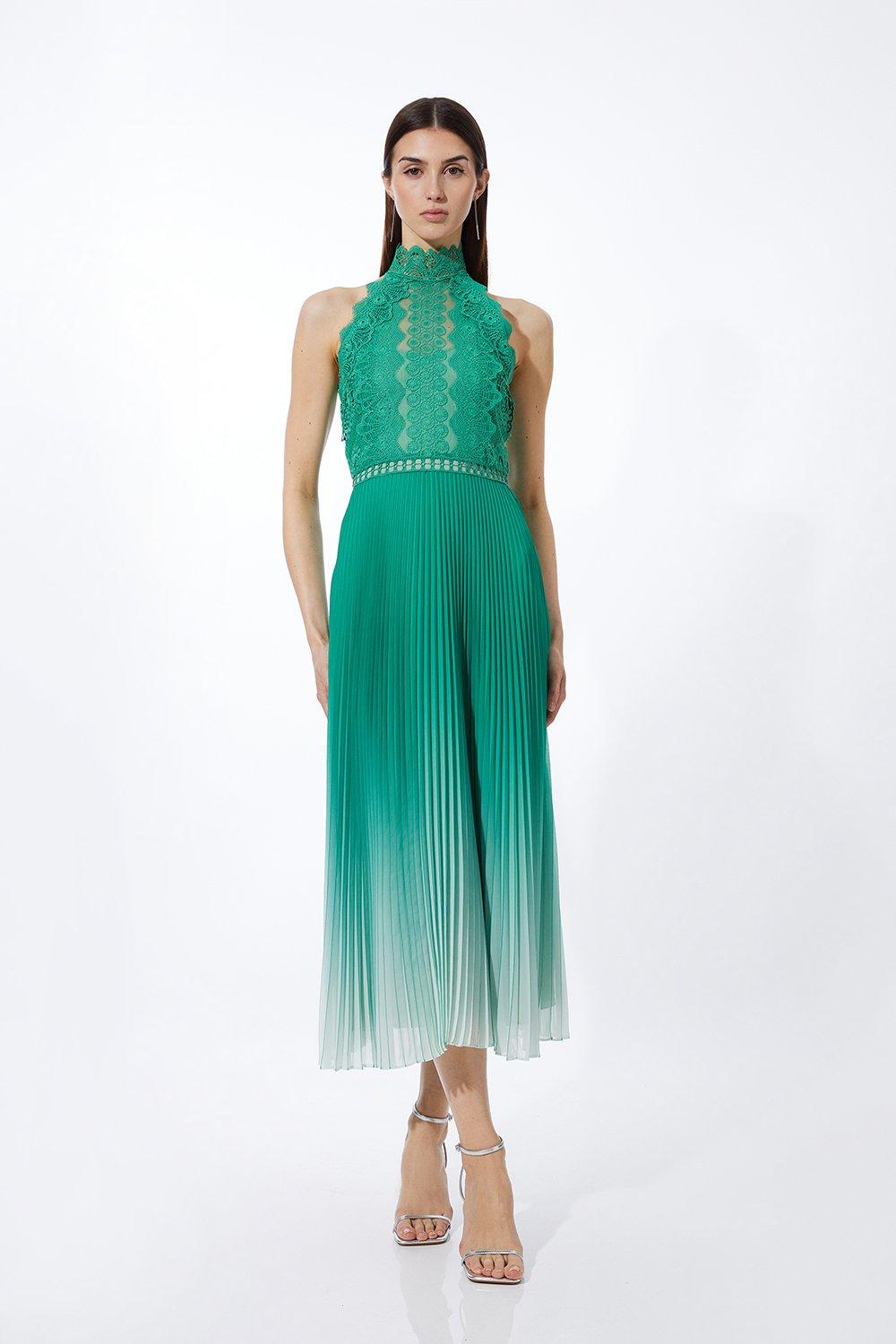 Guipure Lace Ombre Woven Halter Maxi Dress - Green