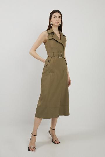 Cotton Sateen Pocket Detail Belted Tailored Midi Shirt Dress khaki
