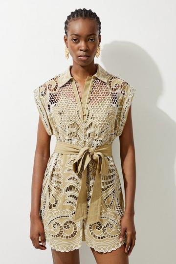 Linen Cutwork Embroidery Woven Mini Dress khaki