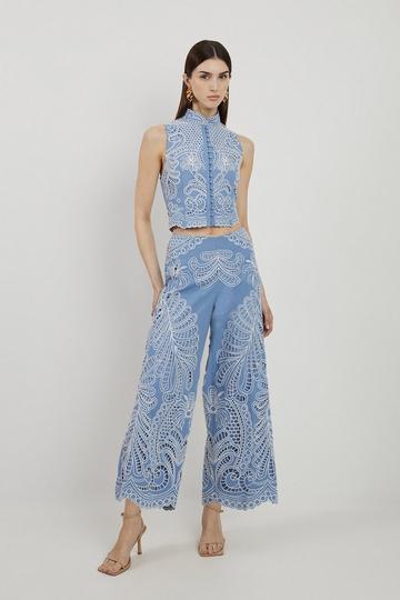 Linen Cutwork Embroidery Woven Trouser blue