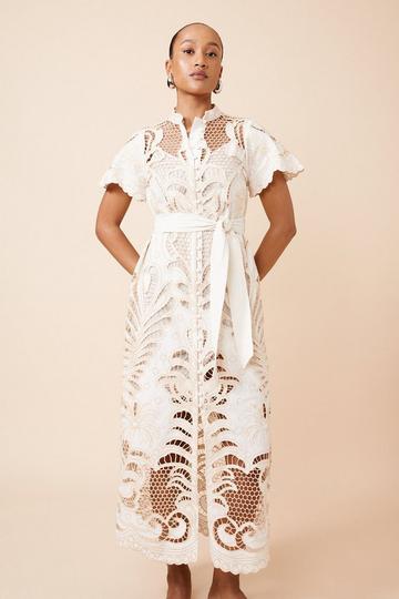 Linen Cutwork Embroidery Woven Midi Dress neutral