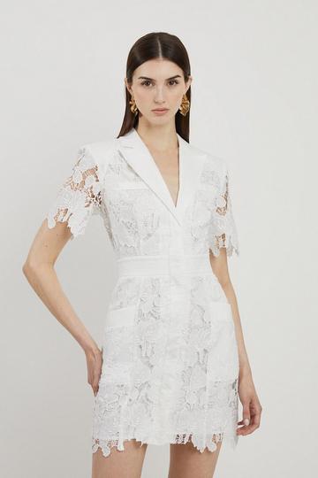 White Lace And Embroidered Sharp Shoulder Woven Mini Shirt Dress
