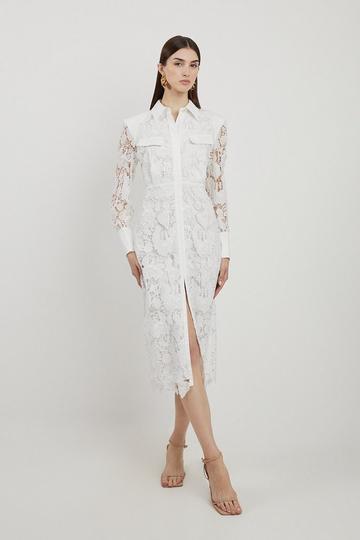 White Lace And Embroidered Sharp Shoulder Woven Midi Shirt Dress
